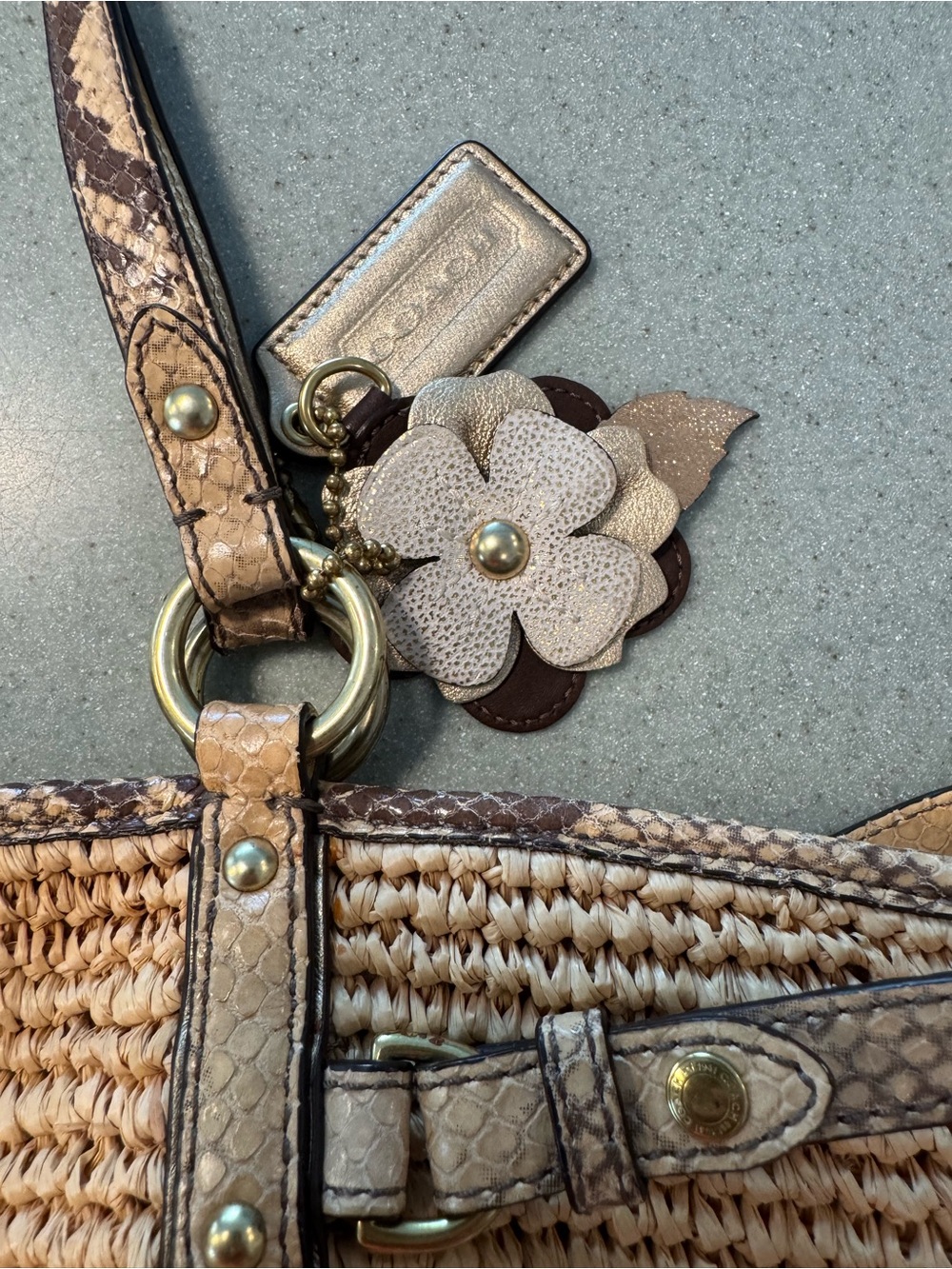Coach Woven Straw Tote in Brown with Floral Charm - Picture 5 of 10